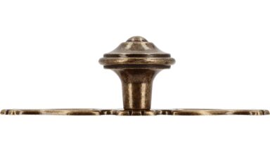 Knopf + Unterlage Schwalmtal Druckguss altmessingfarbig brüniert getrommelt 2 stück - 108 mm lang  vor weißem Hintergrund