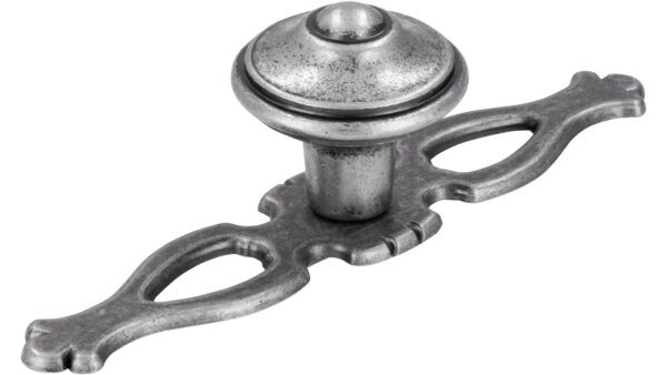 Knopf + Unterlage Schwalmtal Druckguss zinnfarbig - 108 mm lang  vor weißem Hintergrund