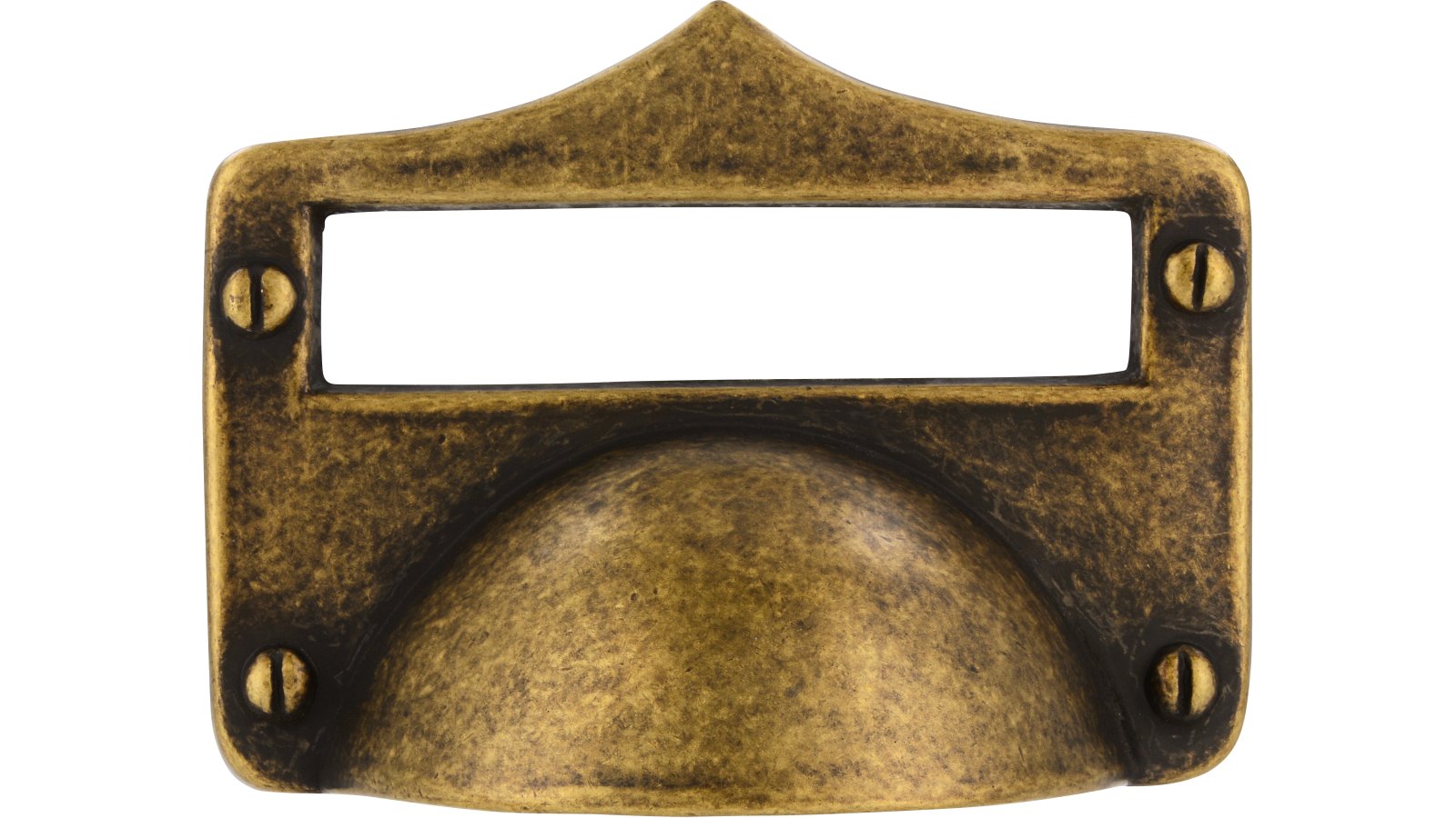 Muschel Finsterwalde Druckguss altmessingfarbig brüniert getrommelt - 83 mm lang  vor weißem Hintergrund