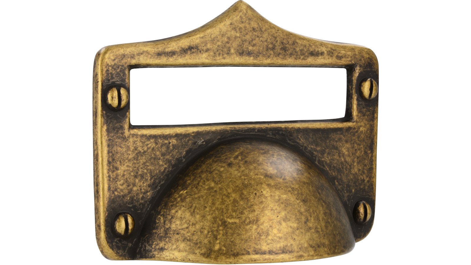 Muschel Finsterwalde Druckguss altmessingfarbig brüniert getrommelt - 83 mm lang  vor weißem Hintergrund