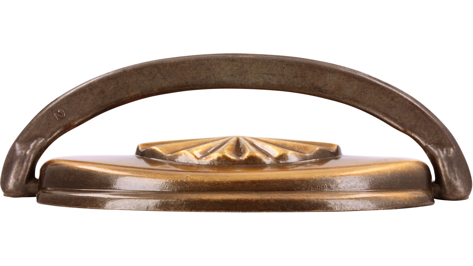 Ringgriff Hochheim Druckguss altmessing brüniert gebürstet - 68 mm lang  vor weißem Hintergrund