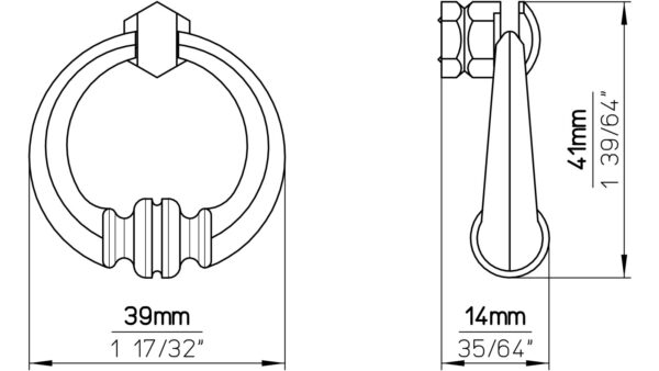 Ringgriff Marburg Druckguss eisenfarbig brüniert getrommelt - 41 mm lang  vor weißem Hintergrund