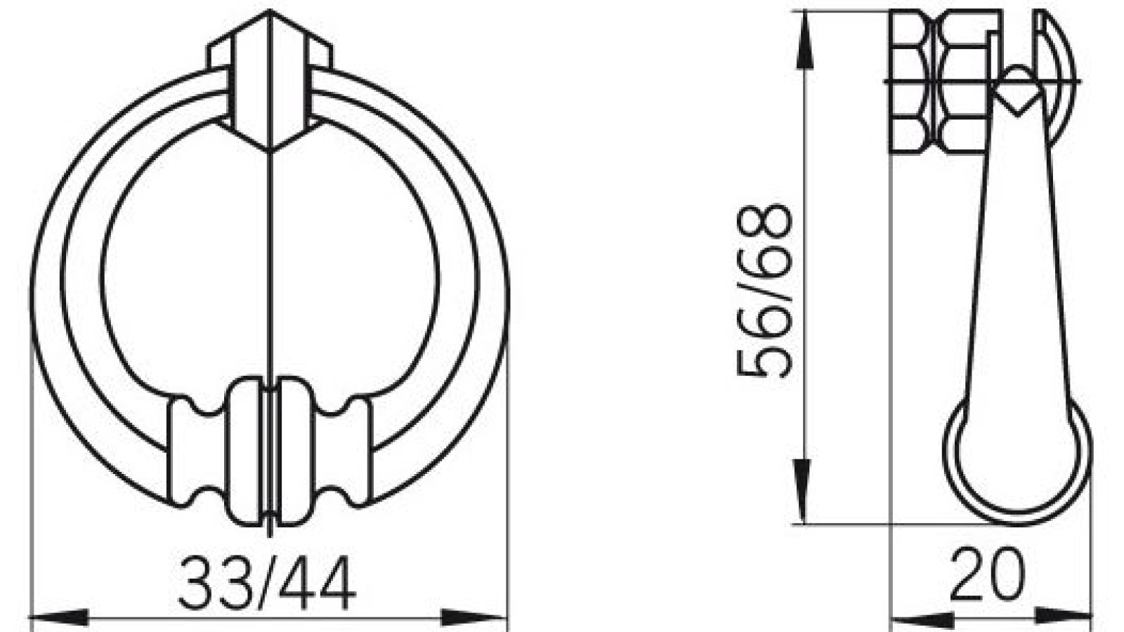 Ringgriff-Remscheidt-brueniert-messing-Messing-Zinkdruckguss-laenge-33-82058-technische-zeichnung Ringgriff Remscheidt Druckguss altmessingfarbig brüniert getrommelt - 33 mm lang vor weißem Hintergrund