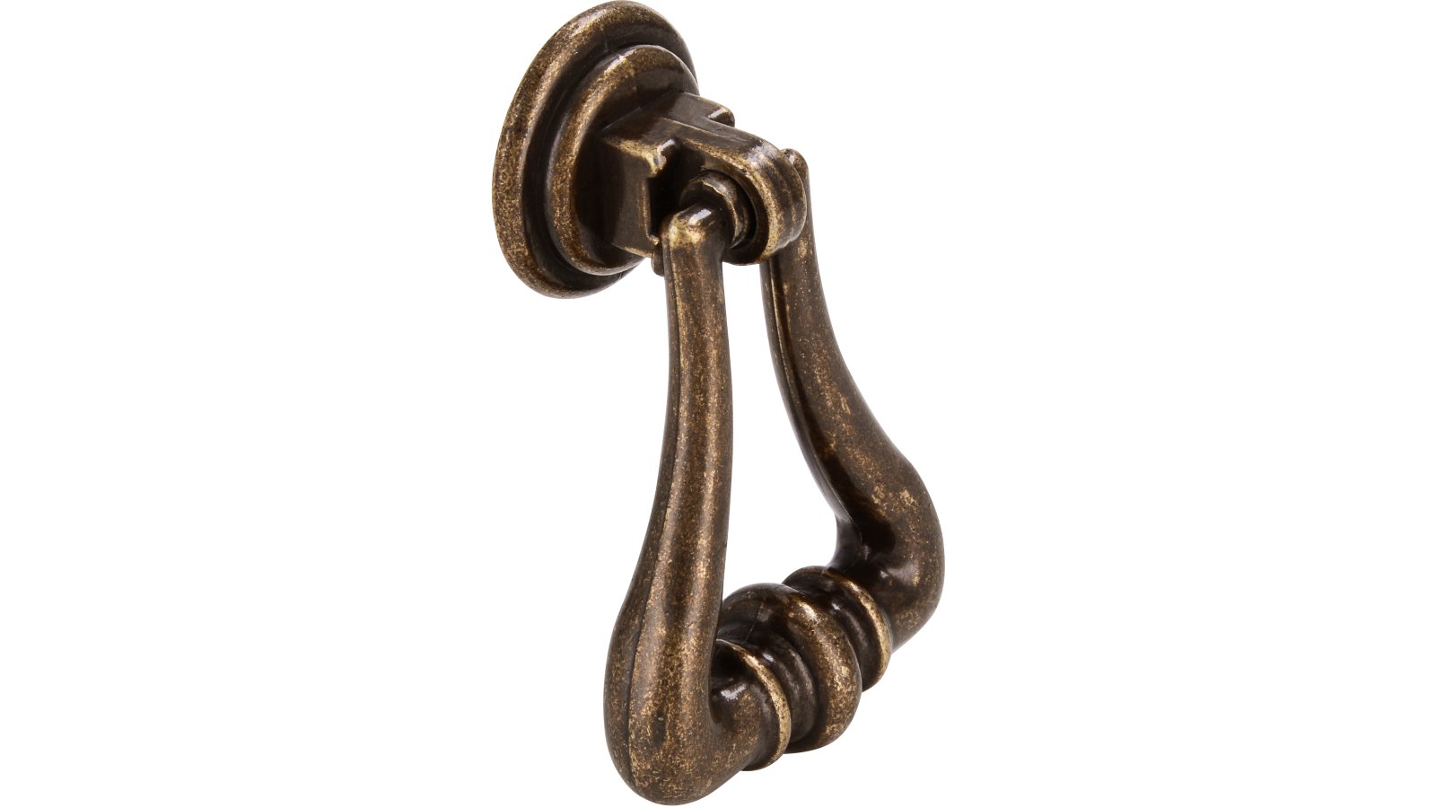 Ringgriff Schifferstadt Druckguss altmessingfarbig brüniert getrommelt 2 stück - 55 mm lang  vor weißem Hintergrund