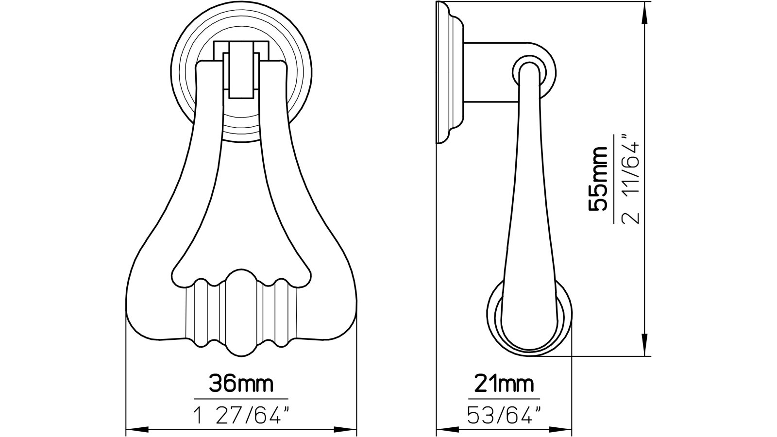 Ringgriff Schifferstadt Druckguss altmessingfarbig brüniert getrommelt 2 stück - 55 mm lang  vor weißem Hintergrund