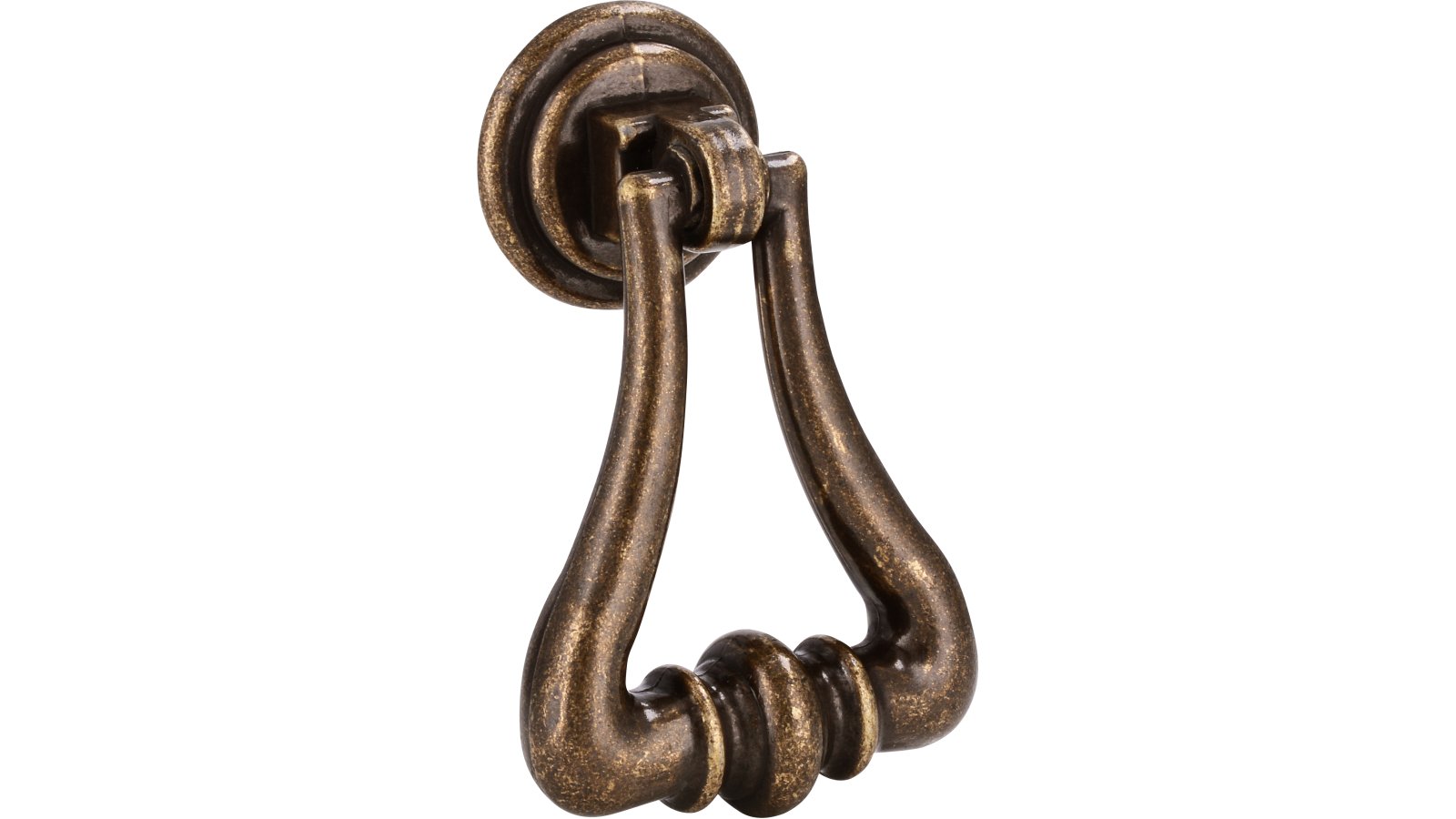 Ringgriff Schifferstadt Druckguss altmessingfarbig brüniert getrommelt 2 stück - 55 mm lang  vor weißem Hintergrund