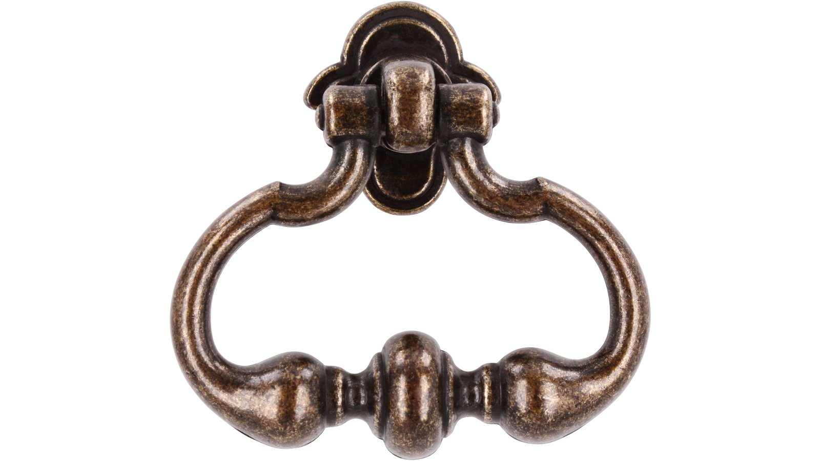 Ringgriff Schramberg Druckguss altmessingfarbig brüniert getrommelt - 43 mm lang  vor weißem Hintergrund