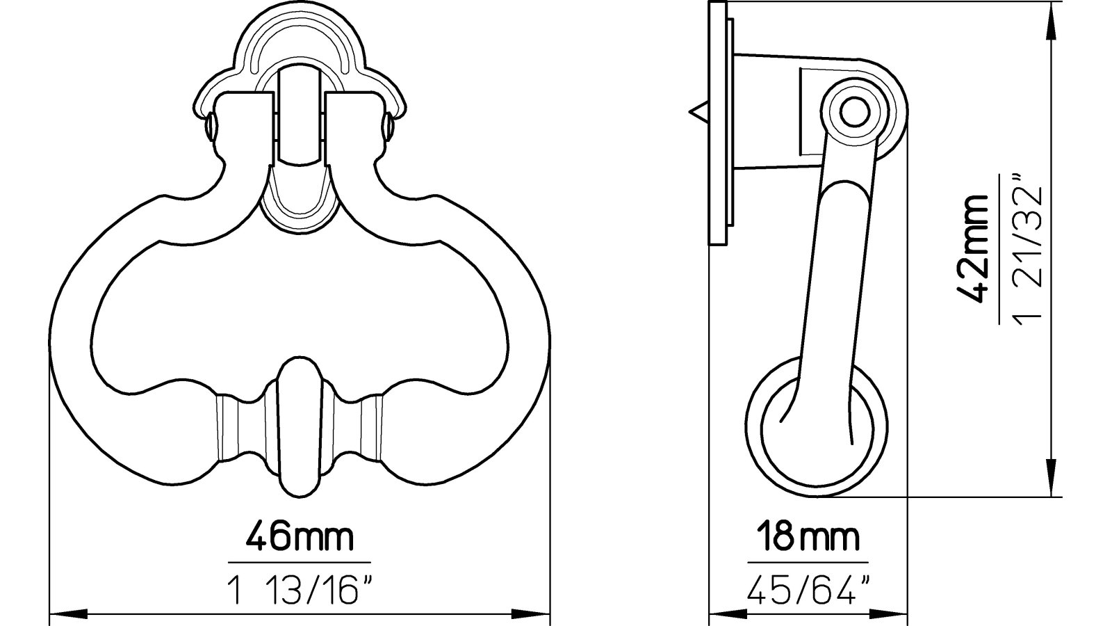 Ringgriff Schramberg Druckguss altmessingfarbig brüniert getrommelt - 43 mm lang  vor weißem Hintergrund
