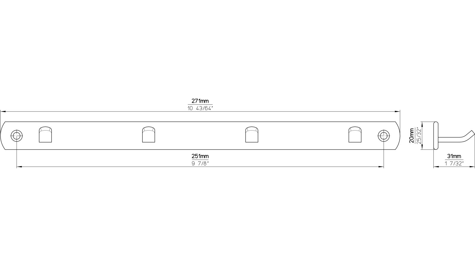 Schlüsselleiste Geesthacht Aluminium reinweiß pulverbeschichtet - 270 mm lang  vor weißem Hintergrund