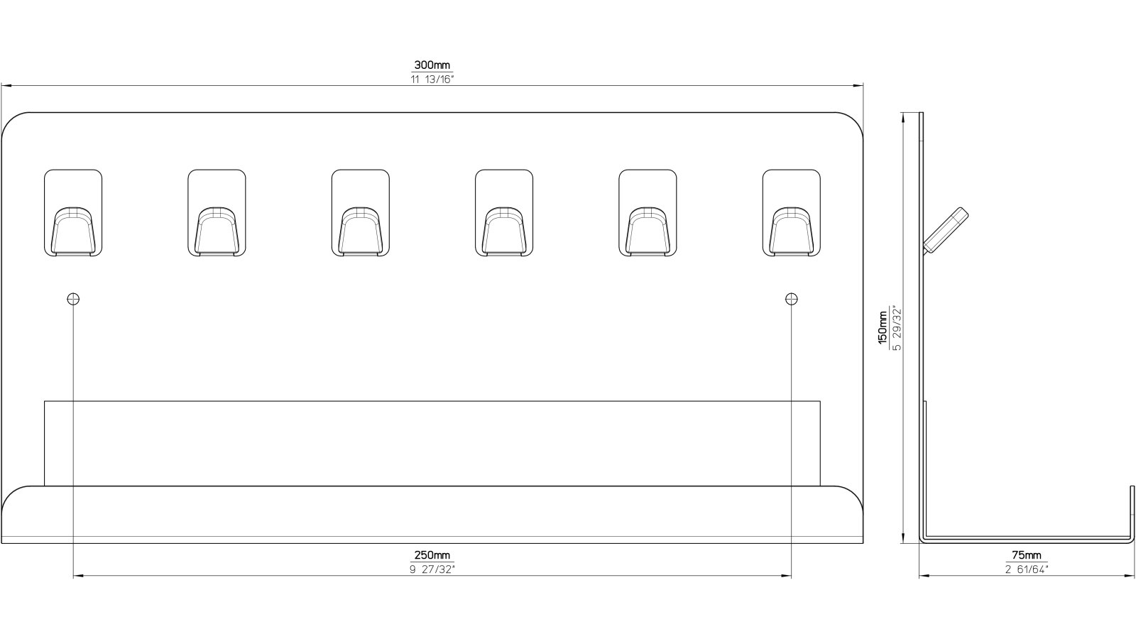 Schlüsselleiste Gescher Stahl - Kunststoff chrom glänzend schwarz - 300 mm lang  vor weißem Hintergrund