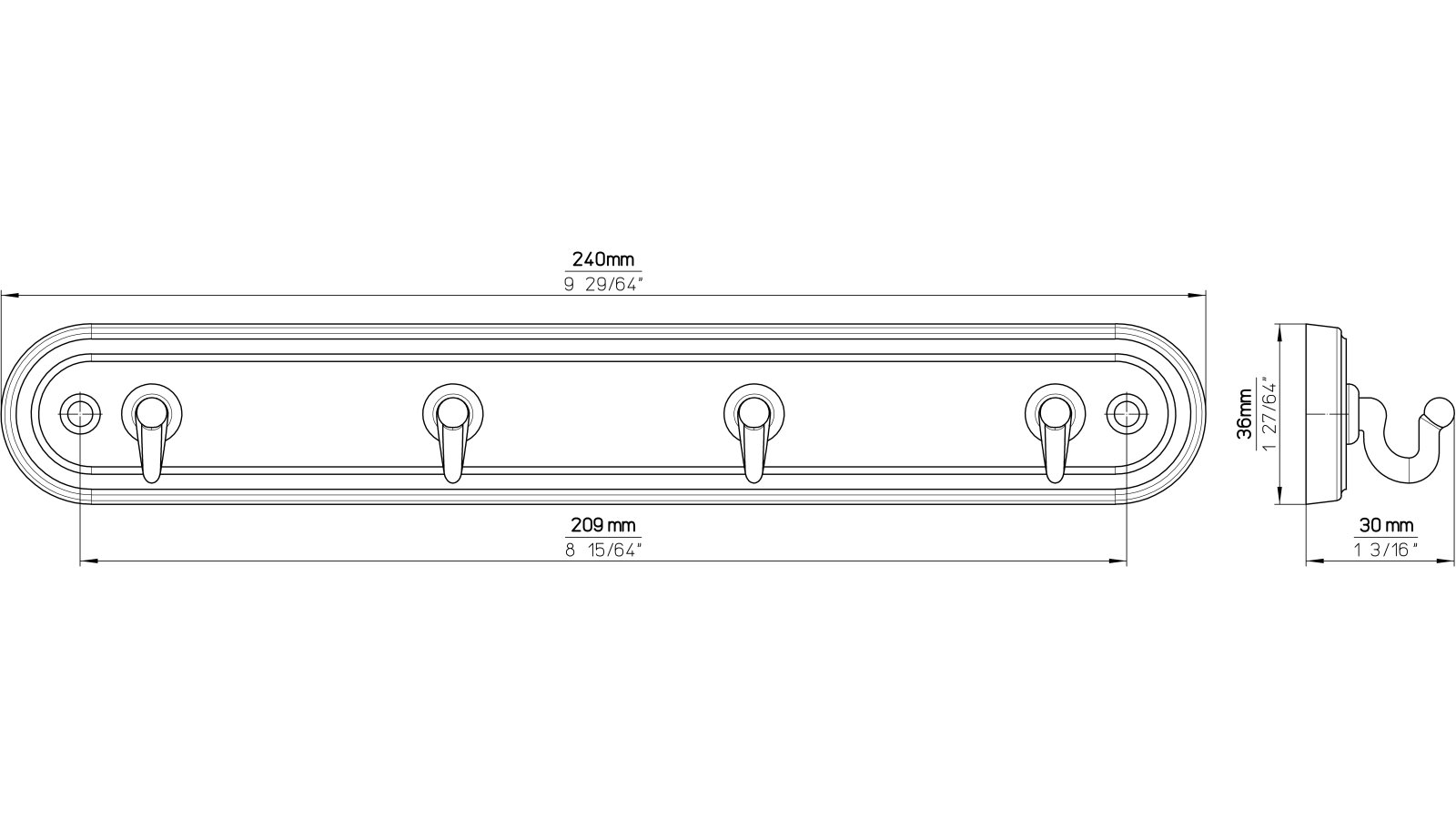 Schluesselleiste-Osnabrueck-weiss-messing-Messing-Kunststoff-Zinkdruckguss-laenge-240-673882-technische-zeichnung Schlüsselleiste Osnabrück Kunststoff - Druckguss weiß glänzend vermessingt - 240 mm lang vor weißem Hintergrund