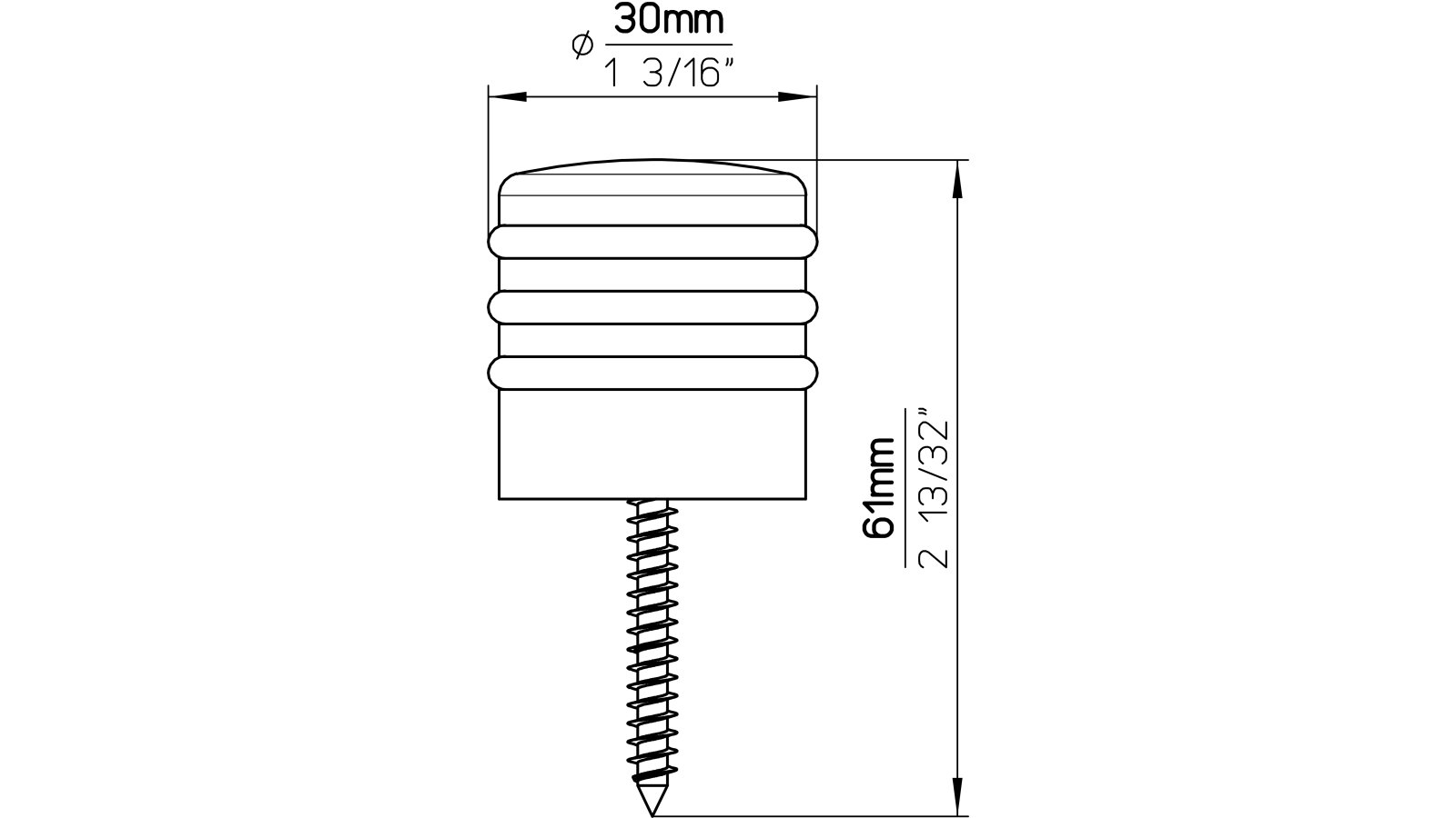 Tuerstopper-Frechen-chrom-schwarz-Kunststoff-laenge-30-592962-technische-zeichnung Türstopper Frechen Kunststoff metallisiert chrom glänzend schwarz - 30 mm lang vor weißem Hintergrund