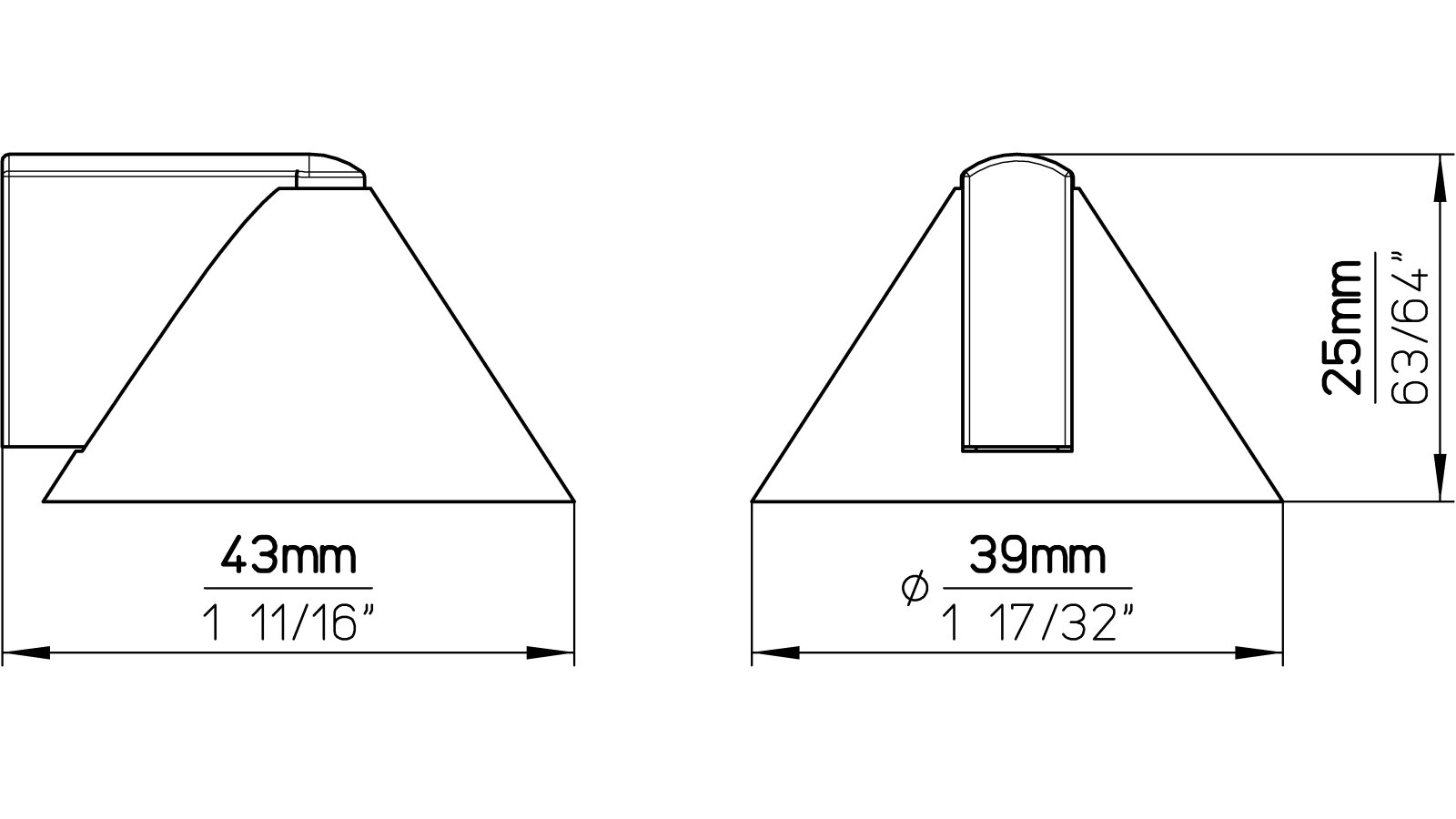 Tuerstopper-Ronnenberg-chrom-schwarz-Kunststoff-Zinkdruckguss-laenge-39-592382-technische-zeichnung Türstopper Ronnenberg Druckguss - Kunststoff chrom glänzend schwarz - 39 mm lang vor weißem Hintergrund
