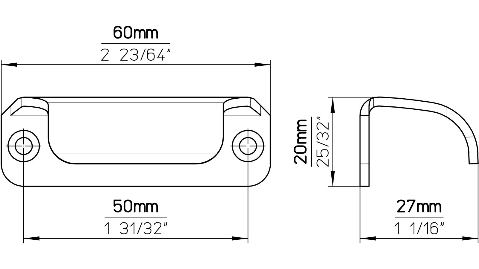 Griffleiste Friedberg Aluminium silber natur matt - 60 mm lang  vor weißem Hintergrund