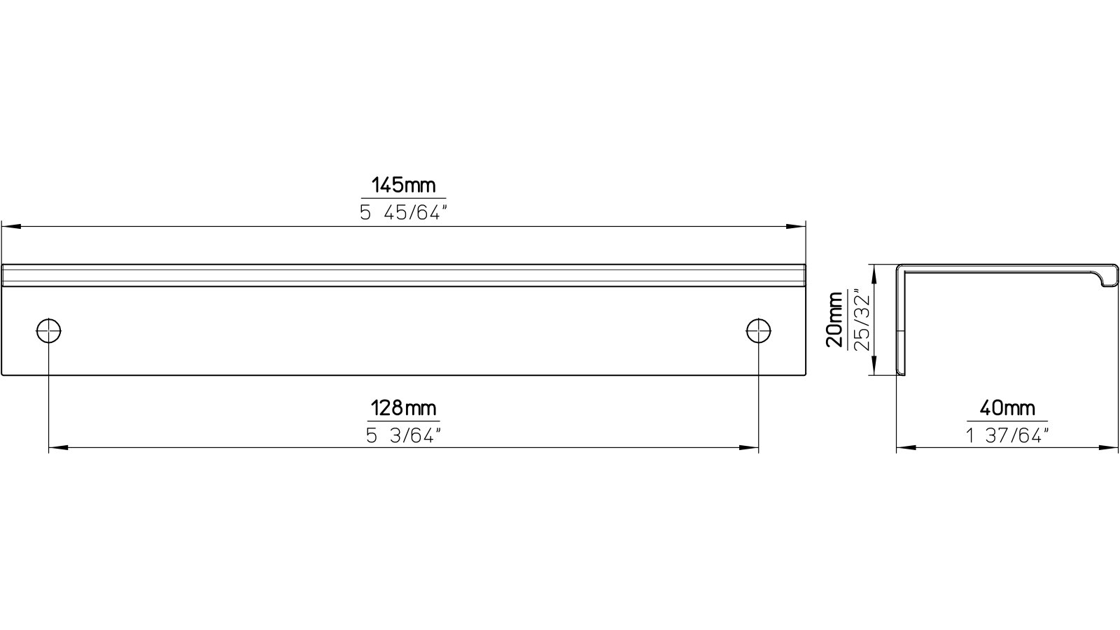 Griffleiste-Gudensberg-chrom-alufarbig-Aluminium-laenge-145-851932-technische-zeichnung Griffleiste Gudensberg Aluminium chrom glänzend - 145 mm lang vor weißem Hintergrund