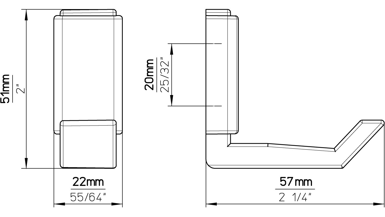 Kleiderhaken-Lehrte-chrom-transparent-Glas-Kunststoff-laenge-57-603974-technische-zeichnung Haken Lehrte Kunststoff glaseffekt glasklar metallisiert chrom glänzend - 57 mm lang vor weißem Hintergrund