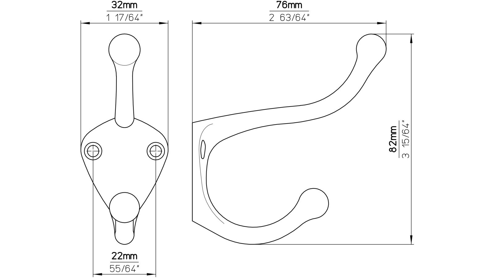 Kleiderhaken-Lippstadt-schwarz-Zinkdruckguss-laenge-82-796628-technische-zeichnung Haken Lippstadt Druckguss schwarz matt pulverbeschichtet - 82 mm lang vor weißem Hintergrund