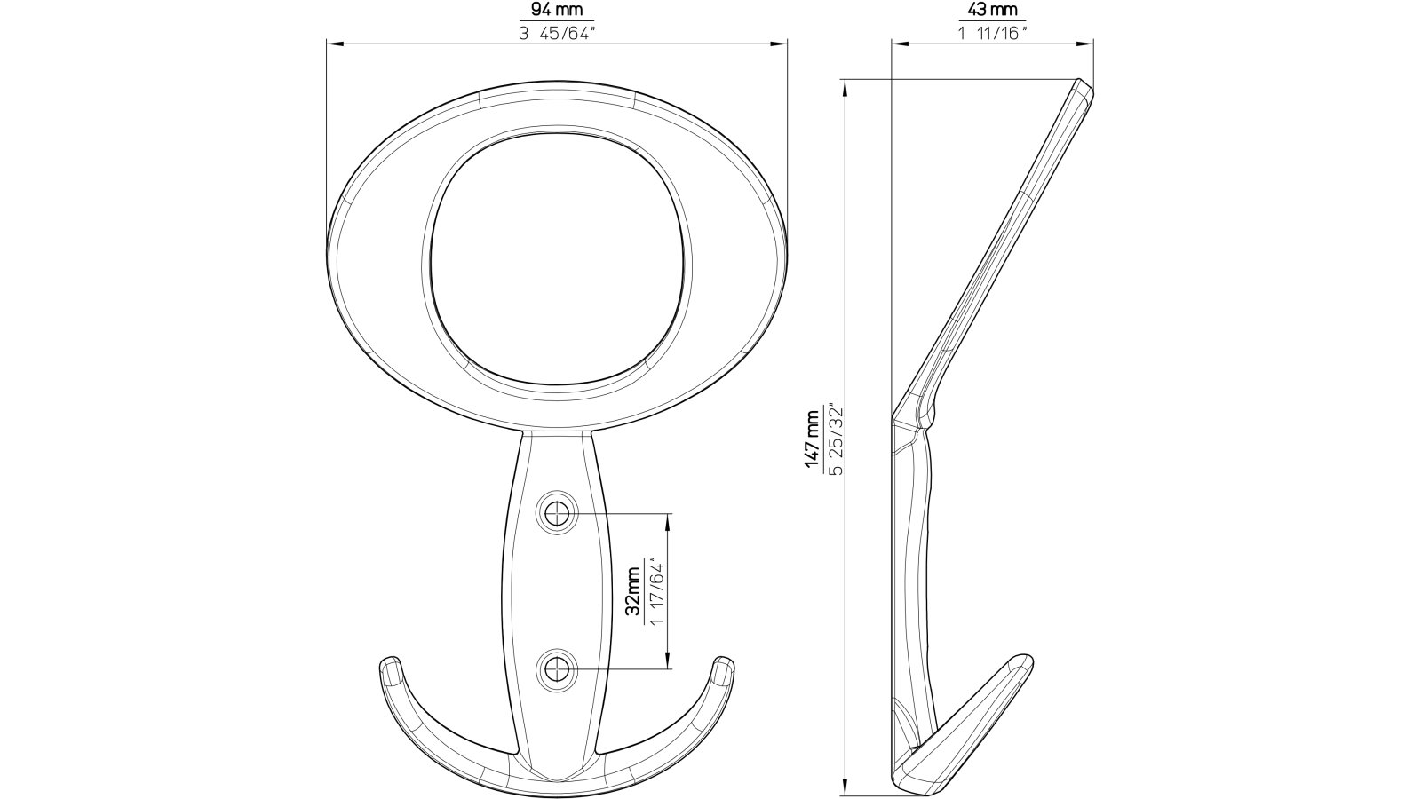 Haken Lübbecke Druckguss chrom glänzend - 147 mm lang  vor weißem Hintergrund