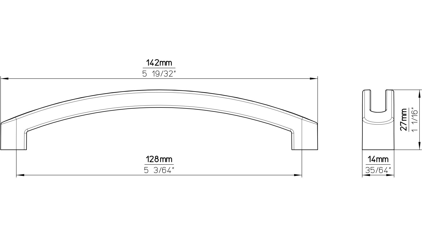 Moebelgriff-Beckum-chrom-Kunststoff-laenge-142-663524-technische-zeichnung Griff Beckum Kunststoff metallisiert chrom glänzend - 142 mm lang vor weißem Hintergrund