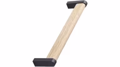 Griff CROSSING Zink - Eiche lackiert/Schwarz matt - 328 mm lang vor weißem Hintergrund