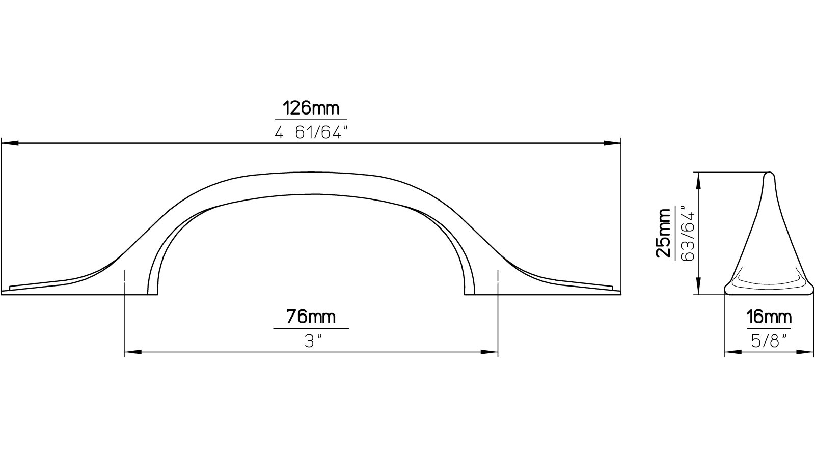 Moebelgriff-Freital-chrom-Zinkdruckguss-laenge-126-406732-technische-zeichnung Griff Freital Druckguss chrom glänzend - 126 mm lang vor weißem Hintergrund