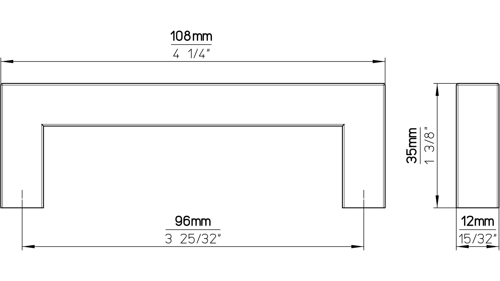Moebelgriff-Friedeburg-edelstahlfarbig-Edelstahl-Stahl-laenge-108-813076-technische-zeichnung Griff Friedeburg Edelstahl fein geschliffen - 108 mm lang vor weißem Hintergrund
