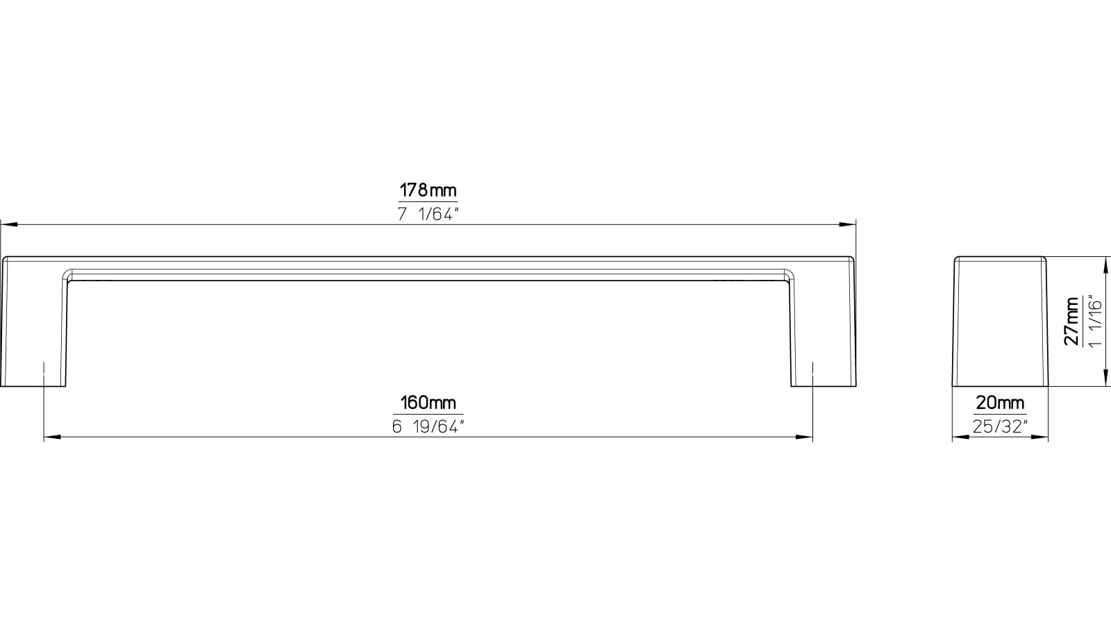 Moebelgriff-Hoexter-schwarz-Zinkdruckguss-laenge-178-895738-technische-zeichnung Griff Höxter Druckguss schwarz matt pulverbeschichtet - 178 mm lang vor weißem Hintergrund