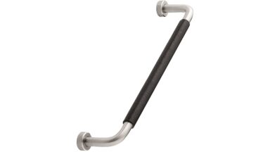 Griff LOUNGE Leder,Stahl - Schwarz/glanz poliert - 174 mm lang vor weißem Hintergrund
