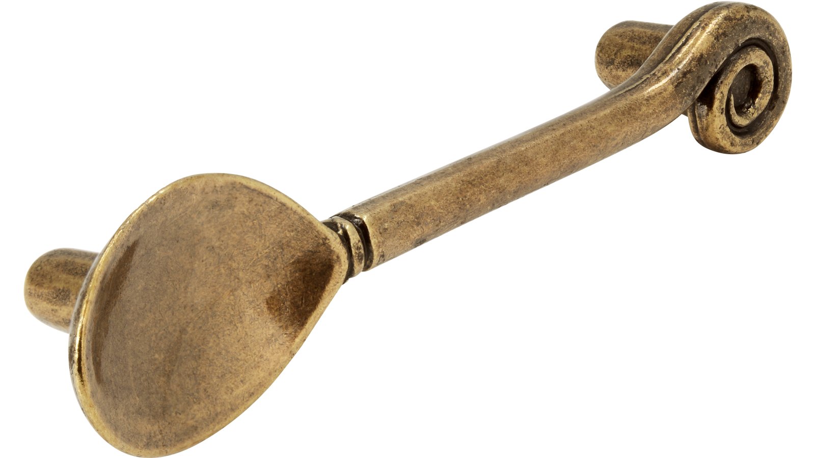 Griff Löffel Druckguss altmessingfarbig brüniert getrommelt - 123 mm lang  vor weißem Hintergrund