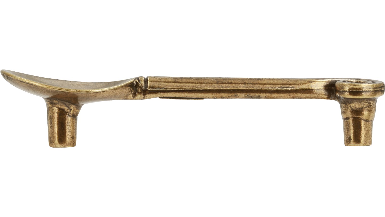 Griff Löffel Druckguss altmessingfarbig brüniert getrommelt - 123 mm lang  vor weißem Hintergrund