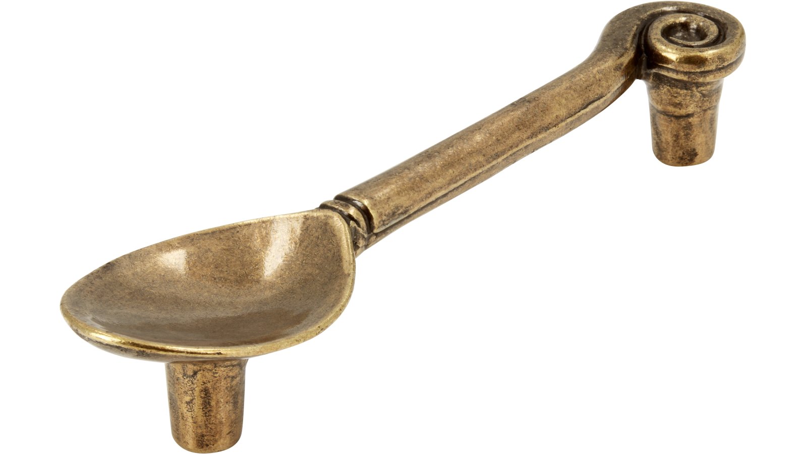 Griff Löffel Druckguss altmessingfarbig brüniert getrommelt - 123 mm lang  vor weißem Hintergrund