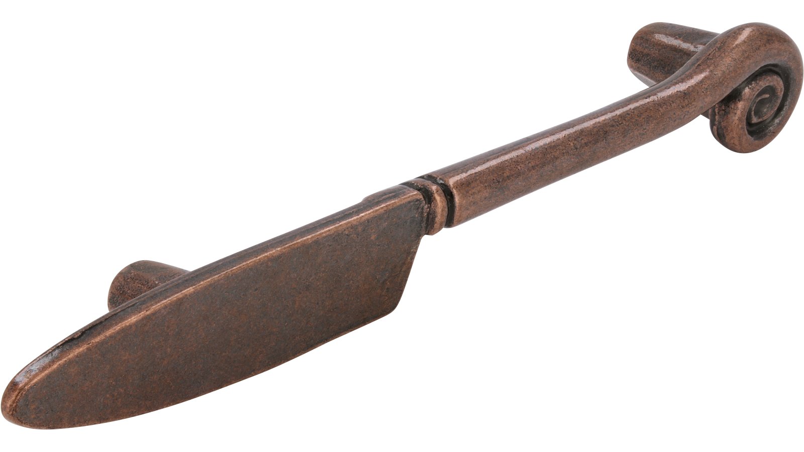 Griff Messer Druckguss kupferfarbig brüniert - 139 mm lang  vor weißem Hintergrund