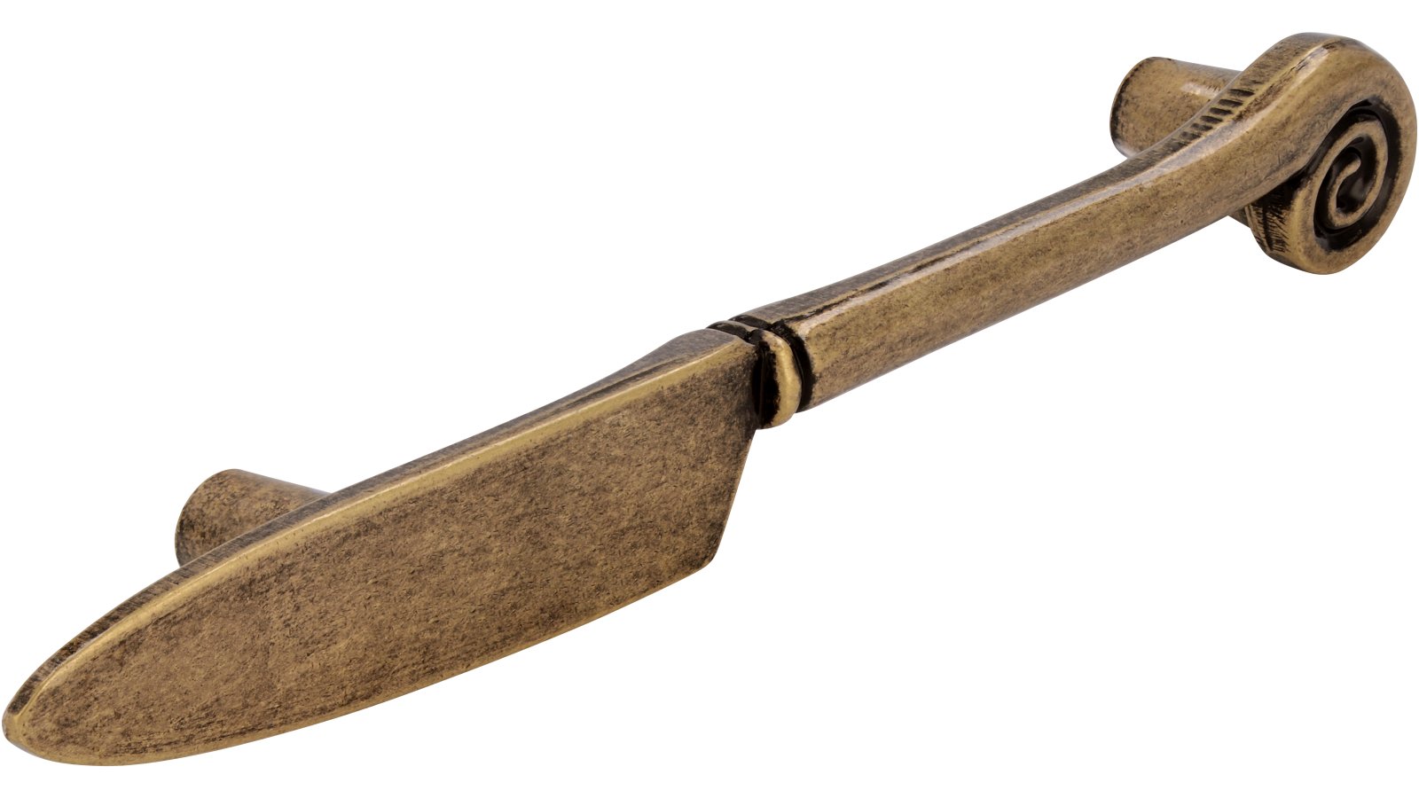 Griff Messer Druckguss altmessingfarbig brüniert getrommelt - 139 mm lang  vor weißem Hintergrund