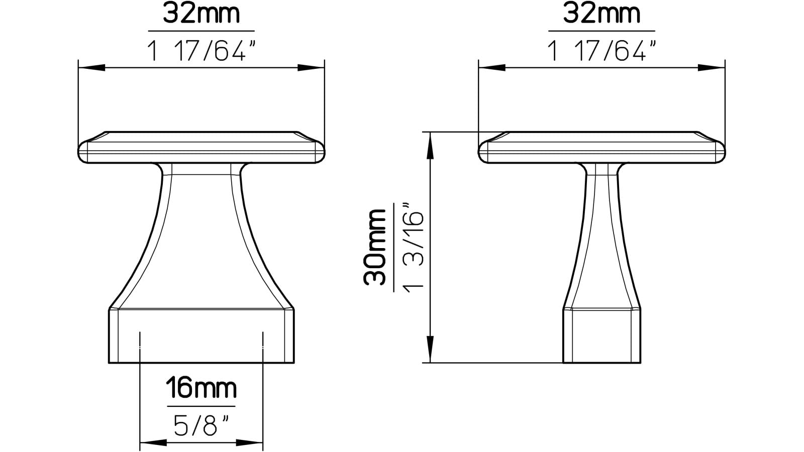 Moebelgriff-Olm-chrom-Zinkdruckguss-laenge-32-834440-technische-zeichnung Griff Olm Druckguss chrom glänzend - 32 mm lang vor weißem Hintergrund