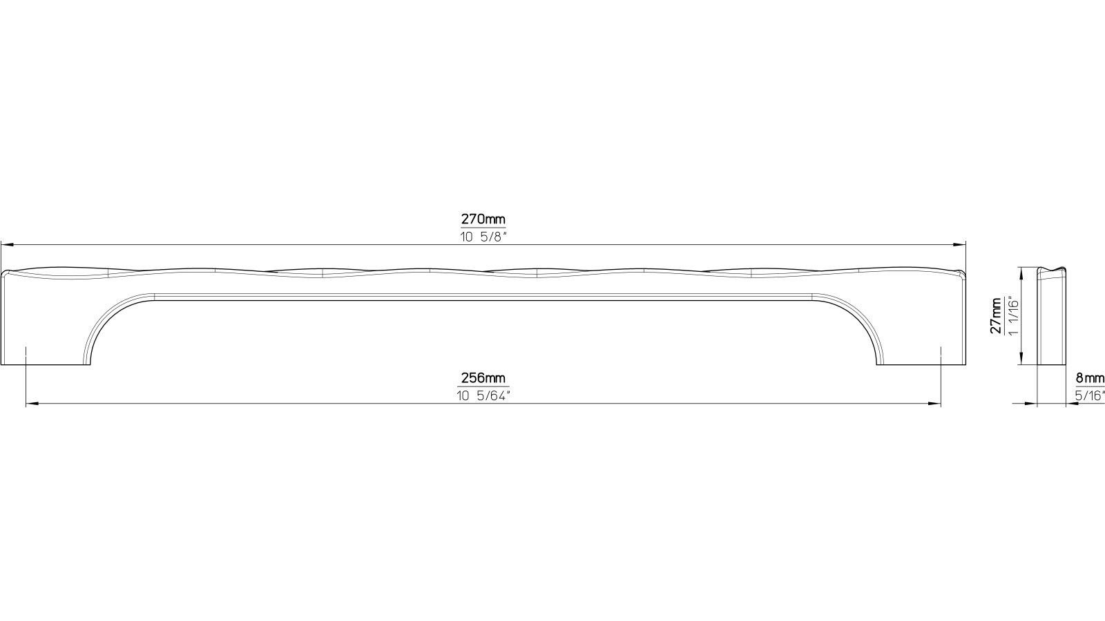 Moebelgriff-Regenstauf-chrom-Zinkdruckguss-laenge-270-750814-technische-zeichnung Griff Regenstauf Druckguss chrom glänzend - 270 mm lang vor weißem Hintergrund