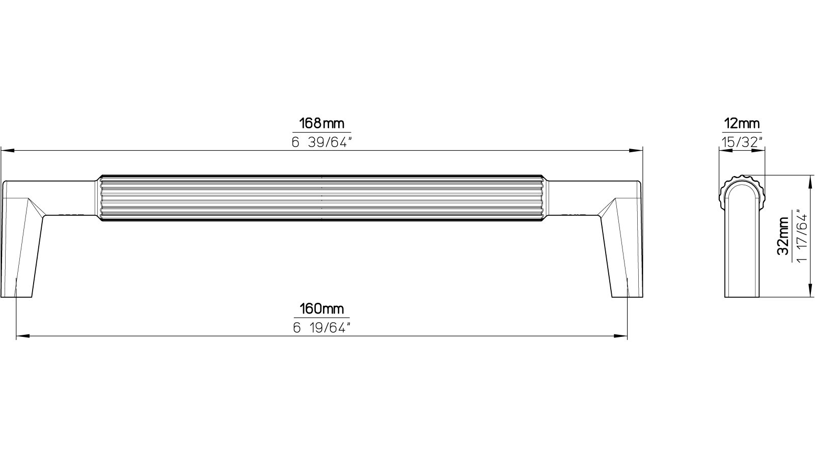 Griff Stripes-Massiv Druckguss chrom glänzend - 168 mm lang  vor weißem Hintergrund