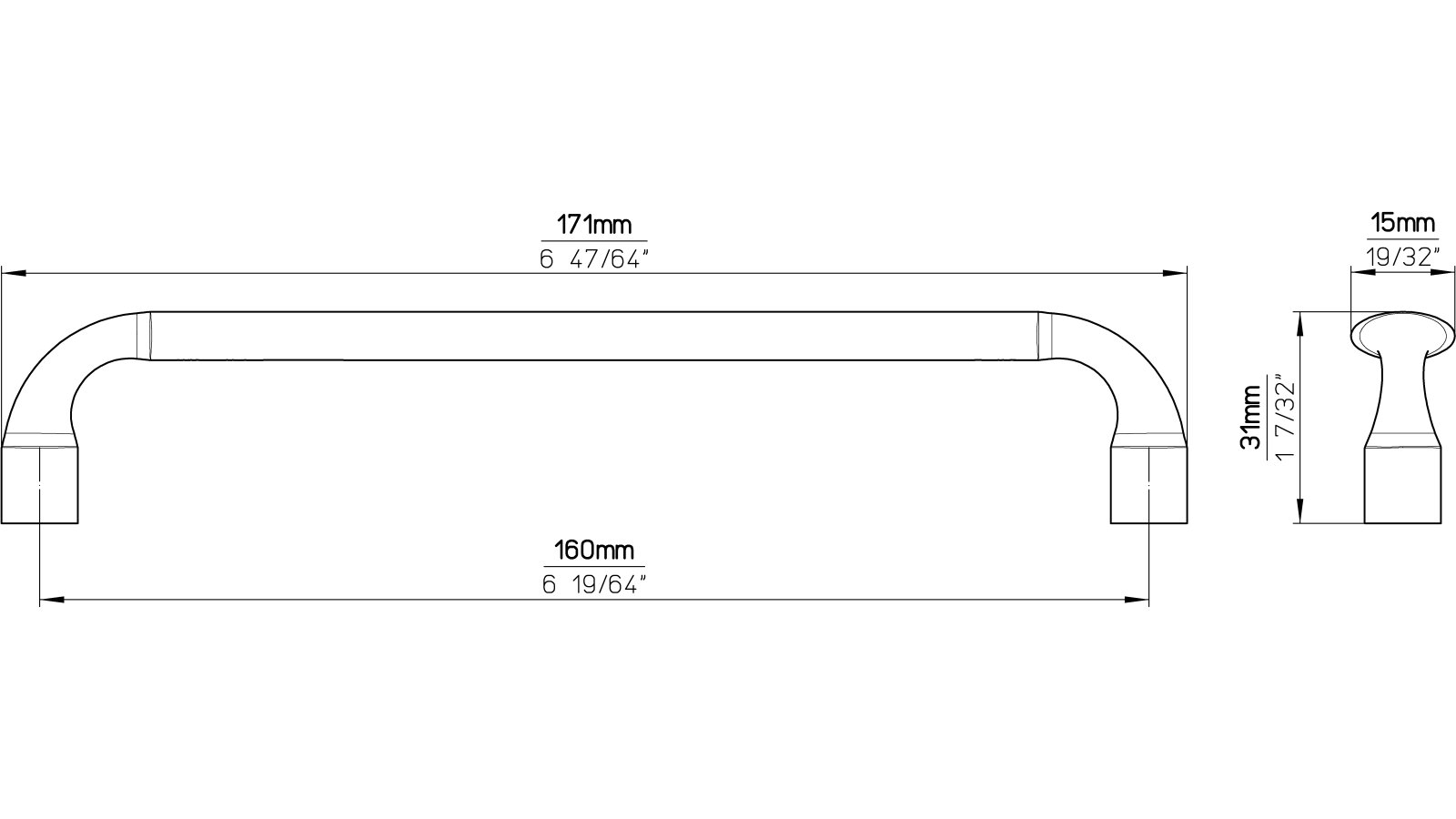 Griff Teisendorf Druckguss Schwarz chrom - 171 mm lang  vor weißem Hintergrund