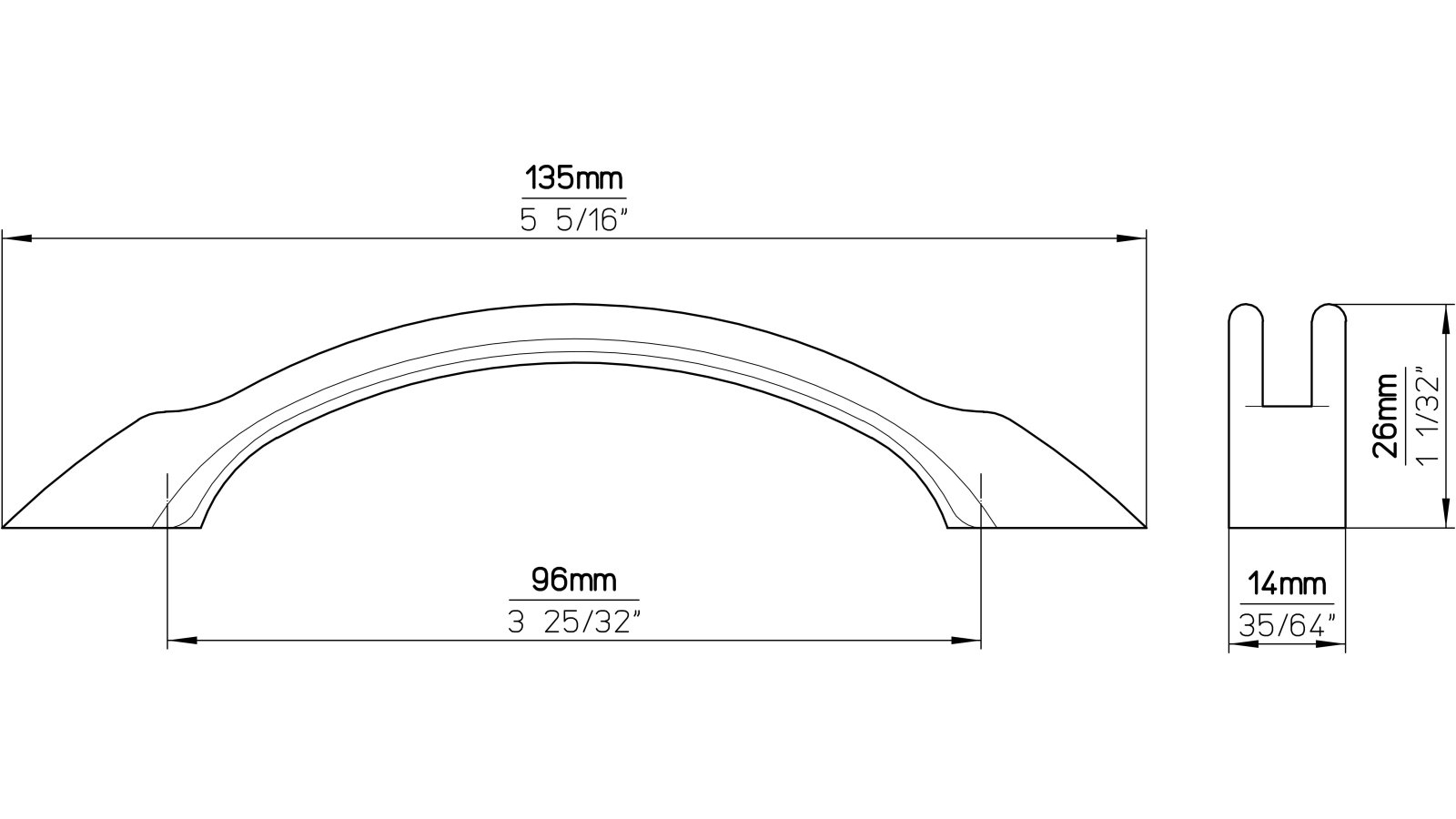 Griff Töging Druckguss chrom matt - 135 mm lang  vor weißem Hintergrund