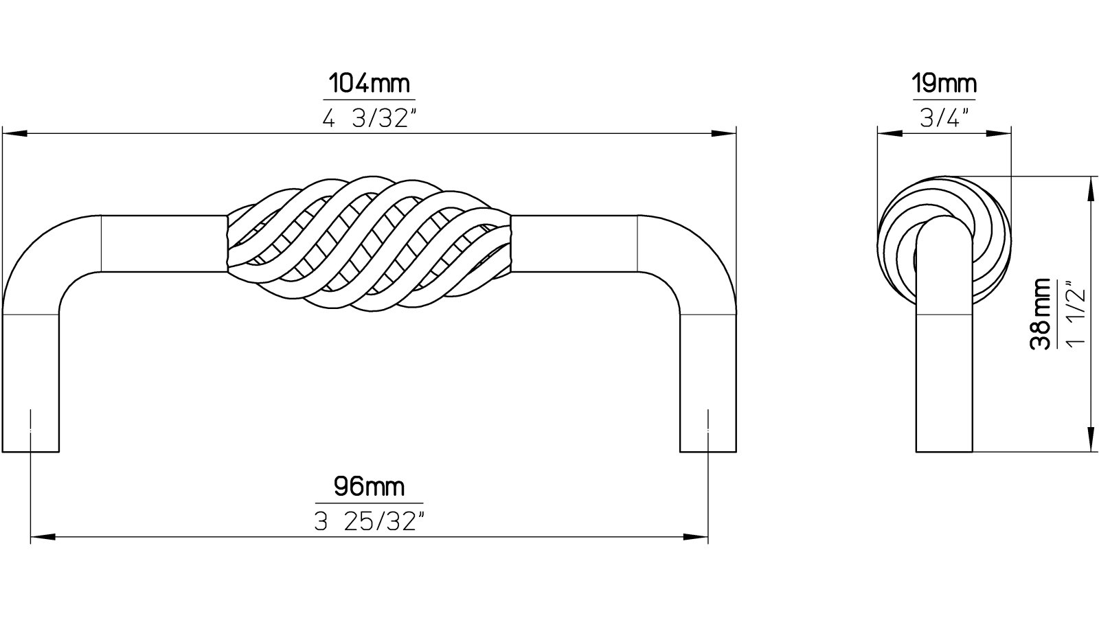 Moebelgriff-UEbach-Palenberg-brueniert-messing-Stahl-Messing-laenge-104-566886-technische-zeichnung Griff Übach-Palenberg Stahl altmessingfarbig brüniert getrommelt - 104 mm lang vor weißem Hintergrund