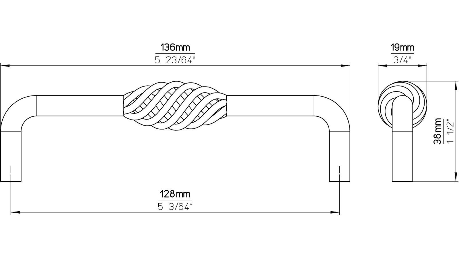 Griff Übach-Palenberg Stahl altmessingfarbig brüniert getrommelt - 136 mm lang  vor weißem Hintergrund
