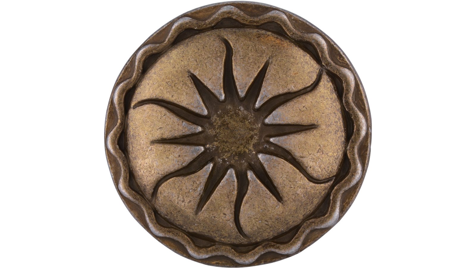 Knopf Ennepetal Druckguss altmessingfarbig brüniert getrommelt - 44 mm lang  vor weißem Hintergrund