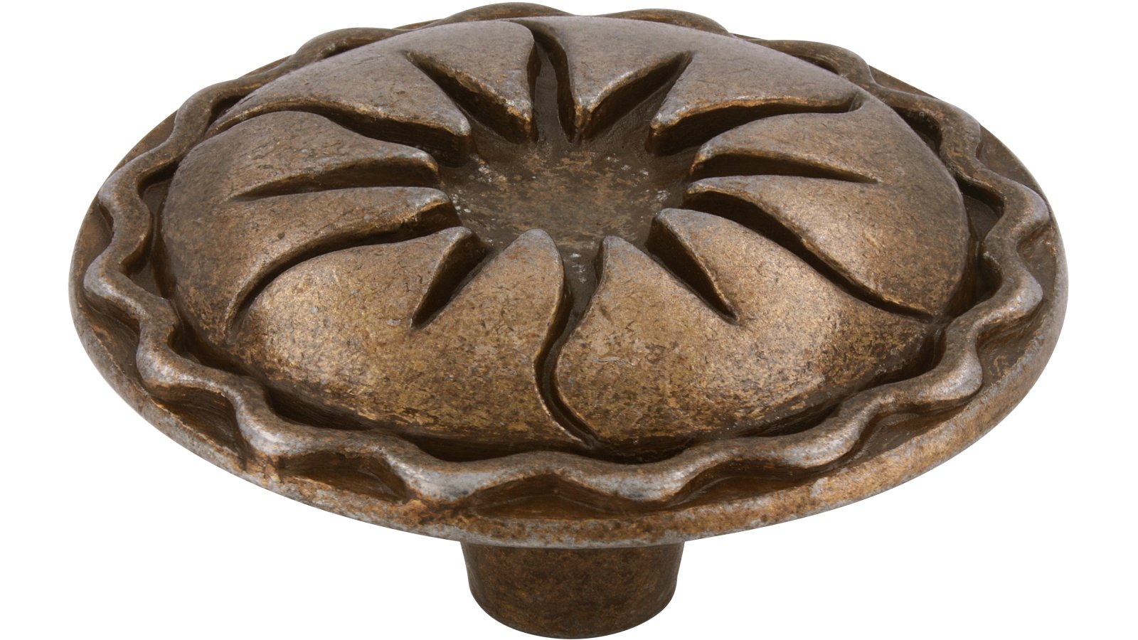 Knopf Ennepetal Druckguss altmessingfarbig brüniert getrommelt - 44 mm lang  vor weißem Hintergrund