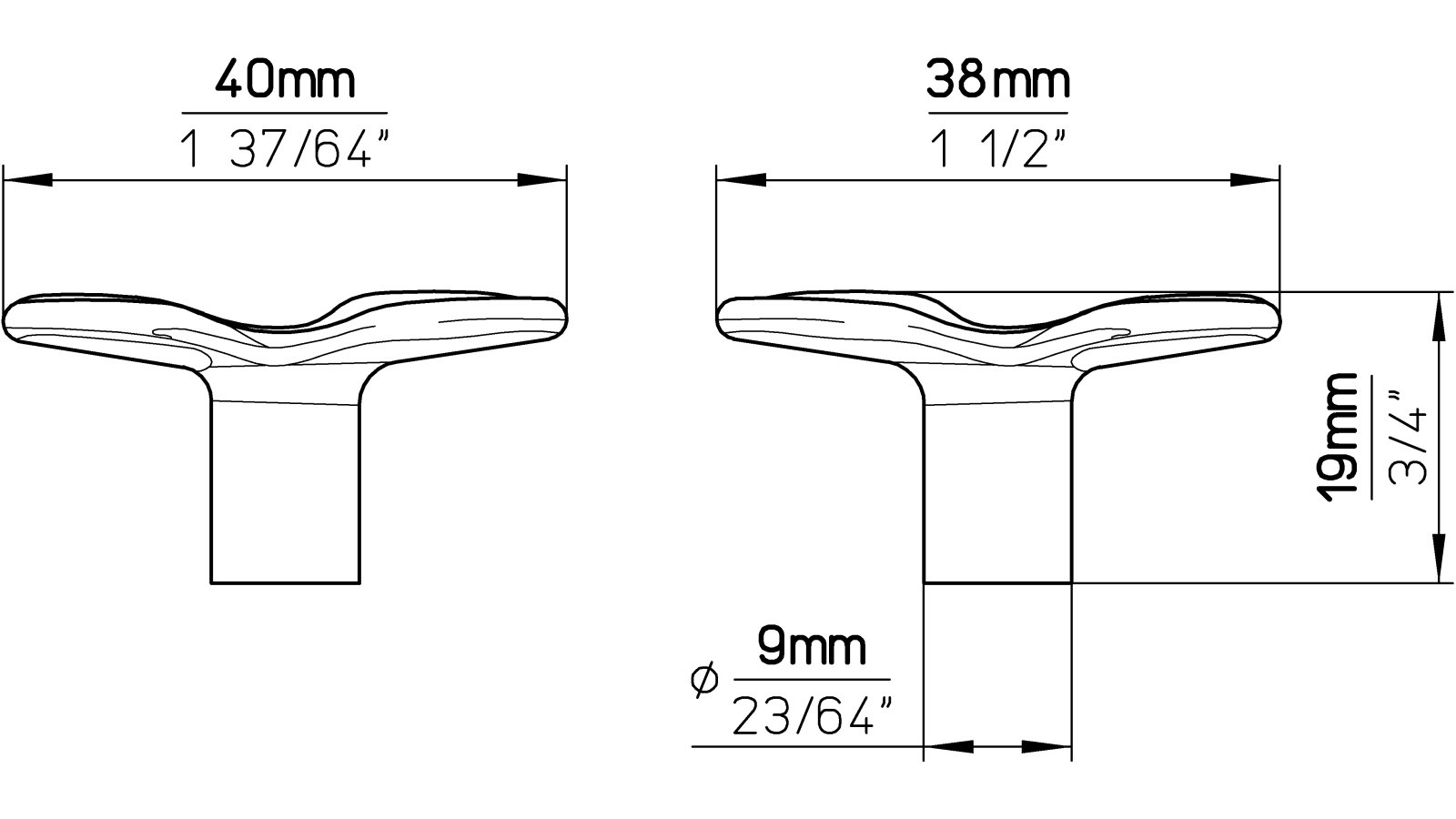 Moebelknopf-Goch-brueniert-messing-Messing-Zinkdruckguss-laenge-40-427324-technische-zeichnung Knopf Goch Druckguss altmessingfarbig brüniert getrommelt - 40 mm lang vor weißem Hintergrund
