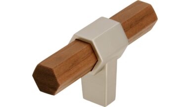 Knopf Hex-Mini Druckguss - Holz nussbaum natur lackiert edelstahleffekt - 68 mm lang  vor weißem Hintergrund