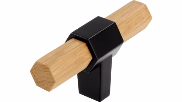 Knopf Hex-Mini Druckguss - Holz eiche natur lackiert schwarz matt pulverbeschichtet - 68 mm lang vor weißem Hintergrund