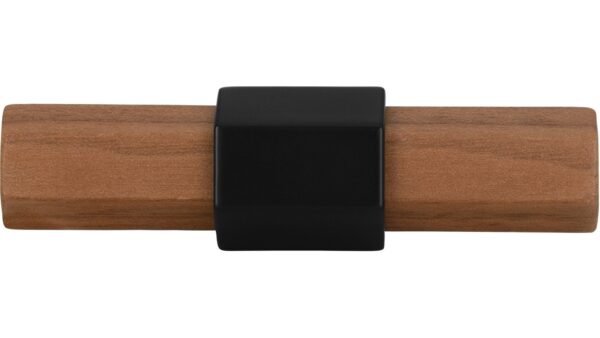 Knopf Hex-Mini Druckguss - Holz nussbaum natur lackiert schwarz matt pulverbeschichtet - 68 mm lang  vor weißem Hintergrund