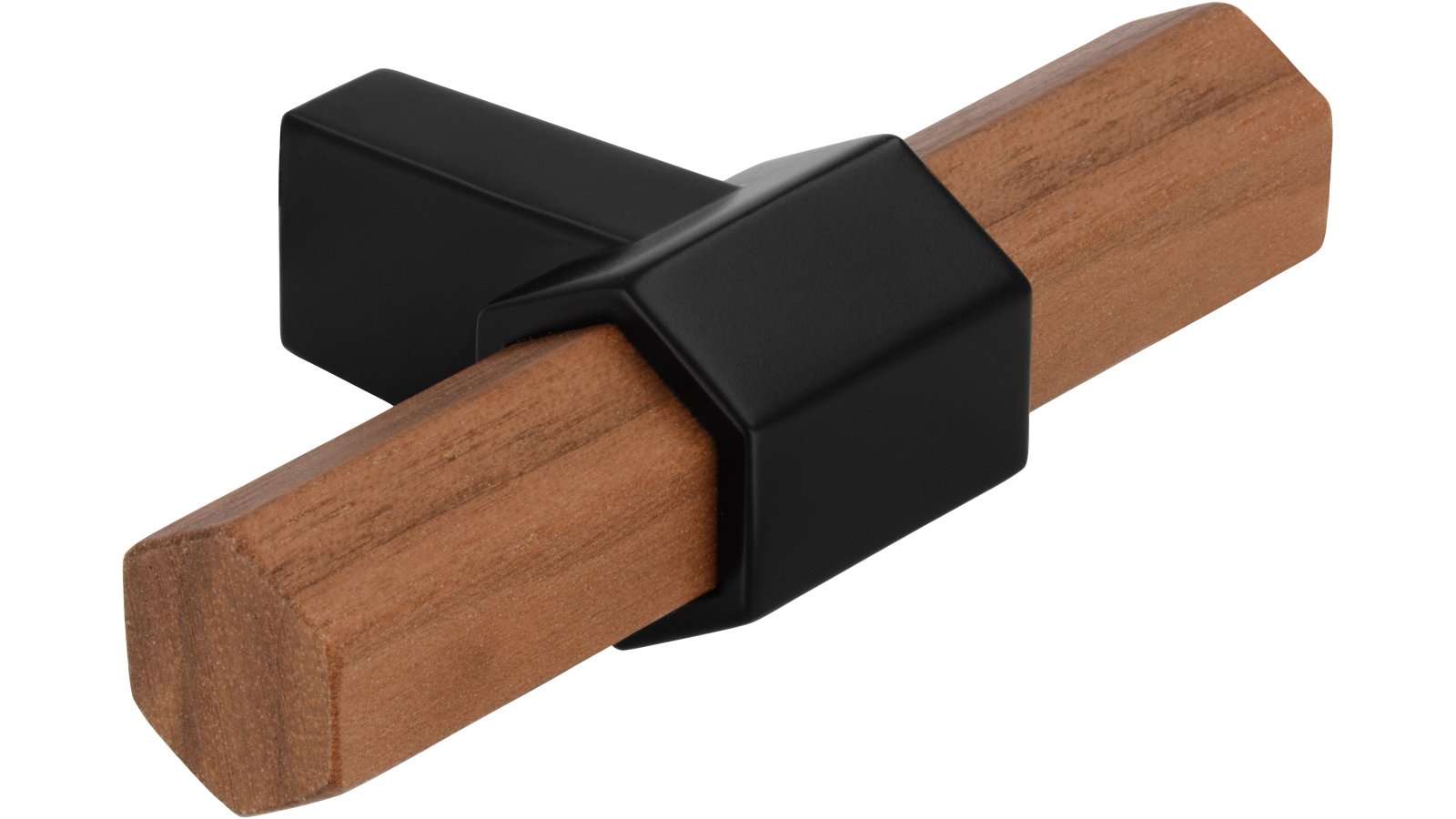 Knopf Hex-Mini Druckguss - Holz nussbaum natur lackiert schwarz matt pulverbeschichtet - 68 mm lang  vor weißem Hintergrund