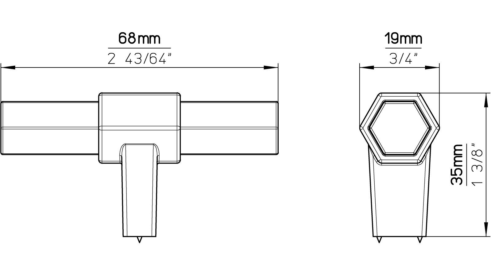 Knopf Hex-Mini Druckguss - Holz nussbaum natur lackiert schwarz matt pulverbeschichtet - 68 mm lang  vor weißem Hintergrund