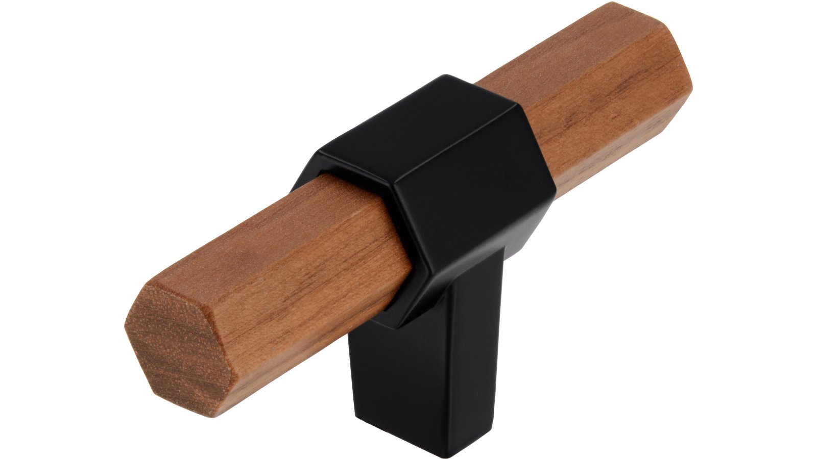 Knopf Hex-Mini Druckguss - Holz nussbaum natur lackiert schwarz matt pulverbeschichtet - 68 mm lang  vor weißem Hintergrund