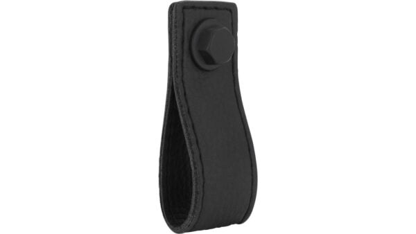 Knopf Nußloch Druckguss schwarz Leder - 74 mm lang  vor weißem Hintergrund
